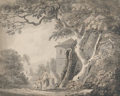 Romantische Landschaft mit Figuren und einem Hund von Paul Sandby